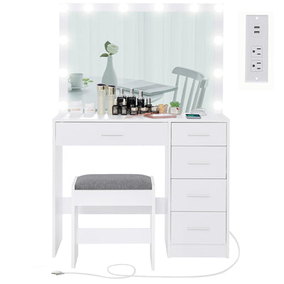 usikey Makeup Vanity with 12 Lights, Vanity Desk with Power Outlet, Makeup Vanity Table with 5 Drawers, Large Mirror, Dressing Vanity Table with Stool for Bedroom, Bathroom, White