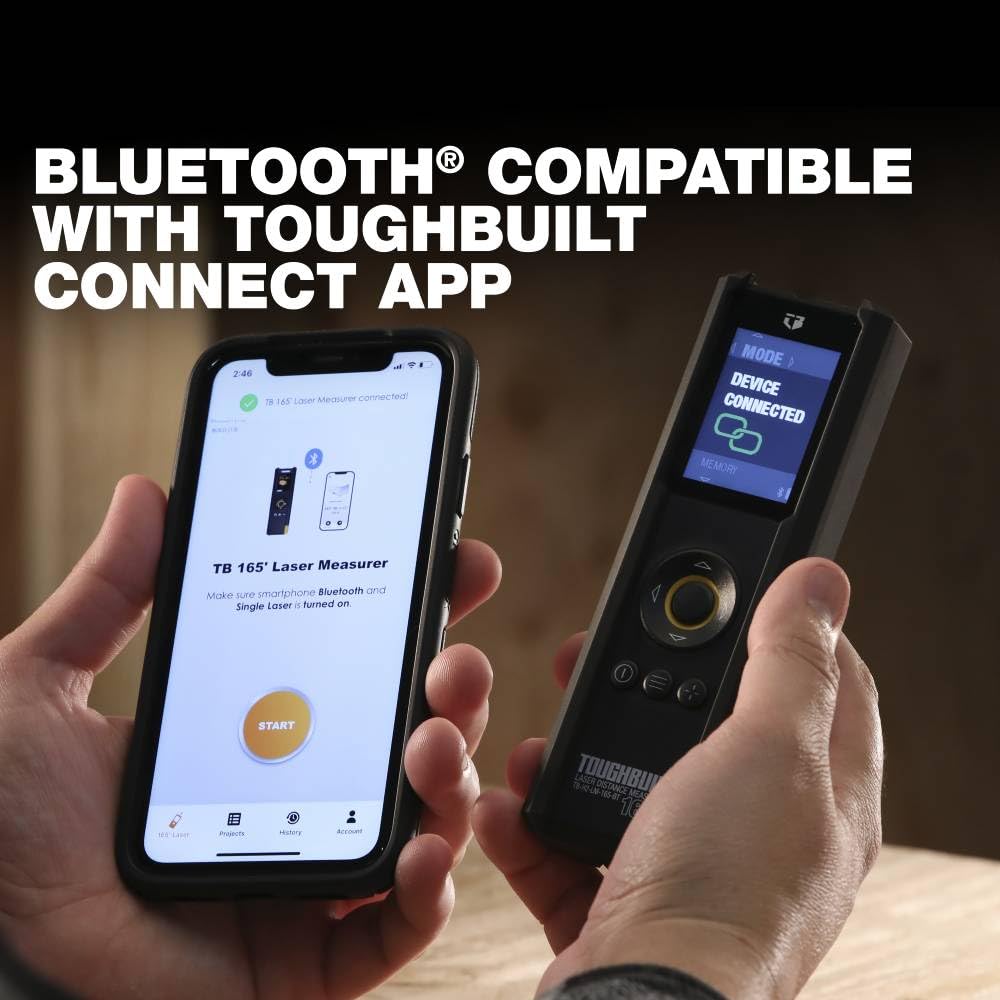 ToughBuilt - 165' Laser Distance Measurer, Bluetooth Laser Distance Measurer, Large Color Screen with viewfinder - (TB-H2-LM-165-BT) ToughBuilt