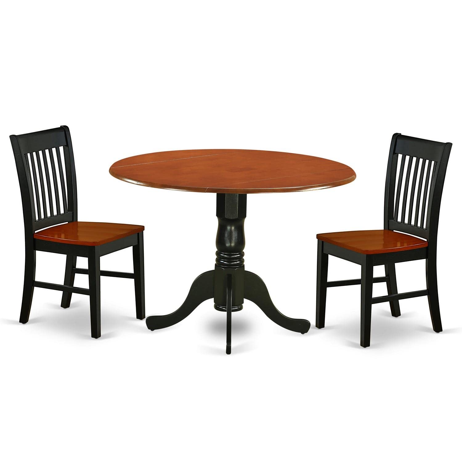 East West Furniture Dublin 3 Piece Room Set Contains a Round Dining Table with Dropleaf and 2 Wood Seat Chairs, 42x42 Inch, DLNO3-BCH-W - WoodArtSupply