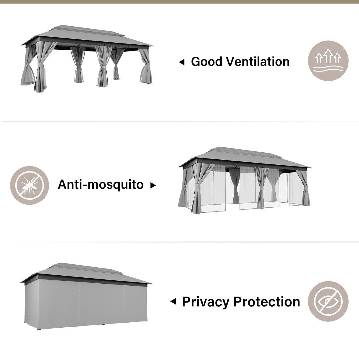 LAUSAINT HOME Outdoor Patio Gazebo 10'x20' with Expansion Bolts, Heavy Duty Party Tent & Shelter with Double Roofs, Mosquito Nettings and Privacy Screens for Backyard, Garden, Lawn, Smoke Grey LAUSAINT HOME