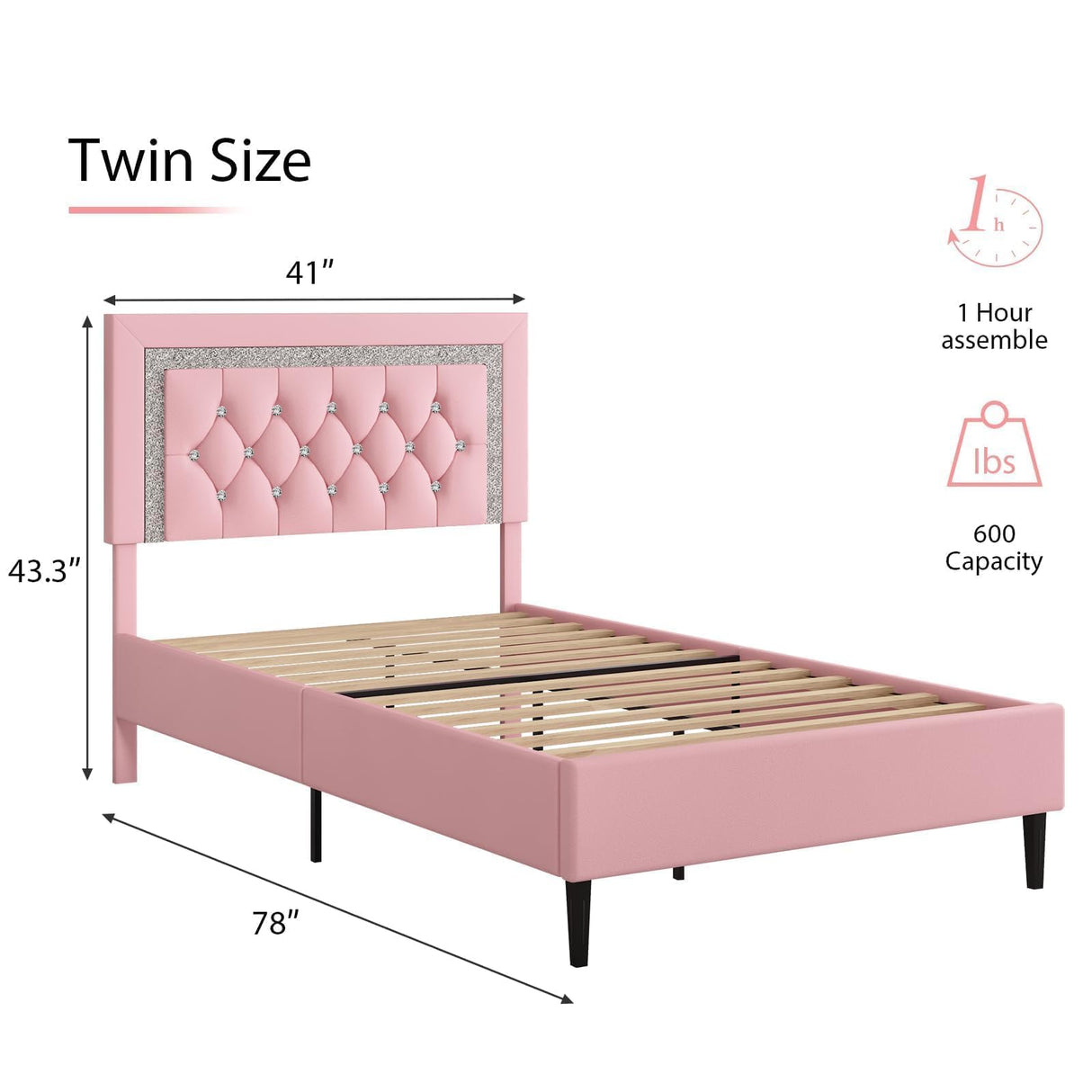 BarnFurin Twin Bed Frame with Tufted Button Headboard, Upholstered Platform Bed Frame with Diamond Design, Wood Slat Support, No Box Spring Needed, Easy Assembly, Pink BarnFurin