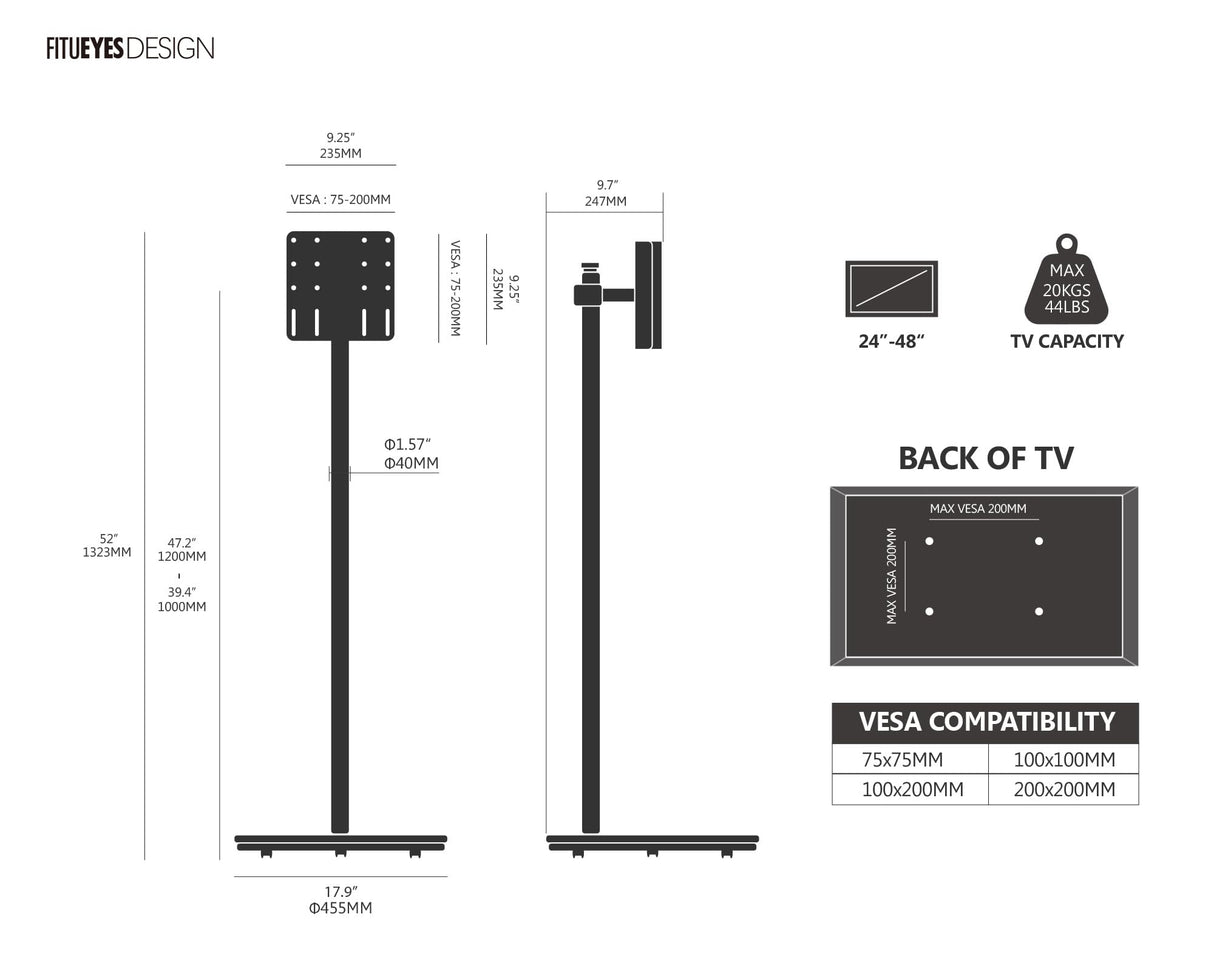 FITUEYES Design Rolling TV Stand for 24-48 inch TVs, Landscape to Portrait Rotating Mobile TV Stand on Wheels and Brake-knob, Portable TV Cart for Living Room Dormitory Outdoor, Master Series FITUEYES
