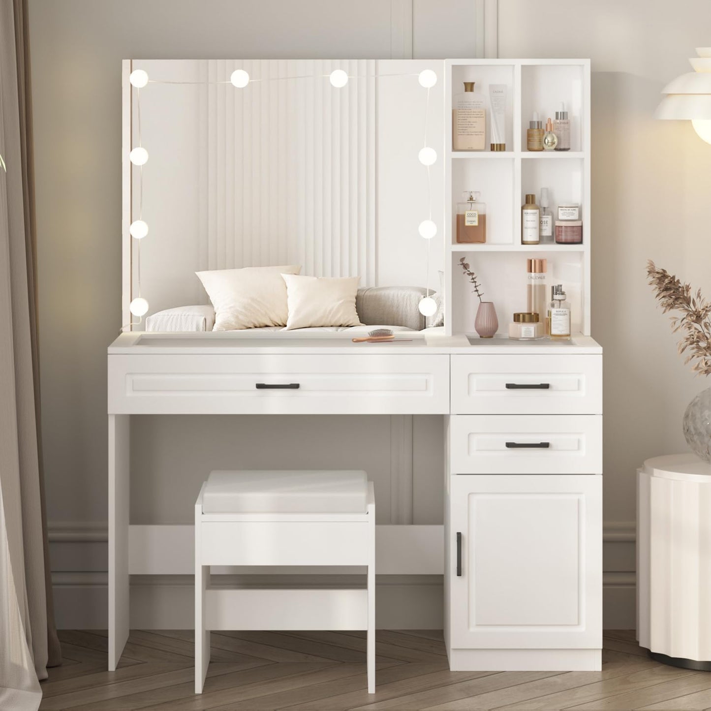 Vabches Vanity Desk Set with Lights and Mirror,White Makeup Desk with 3 Drawers & Storage Cabinet & Shelves,Glass Top Vanity Table Set with 10 Bulbs,3 Lighting Modes Adjustable Brightness