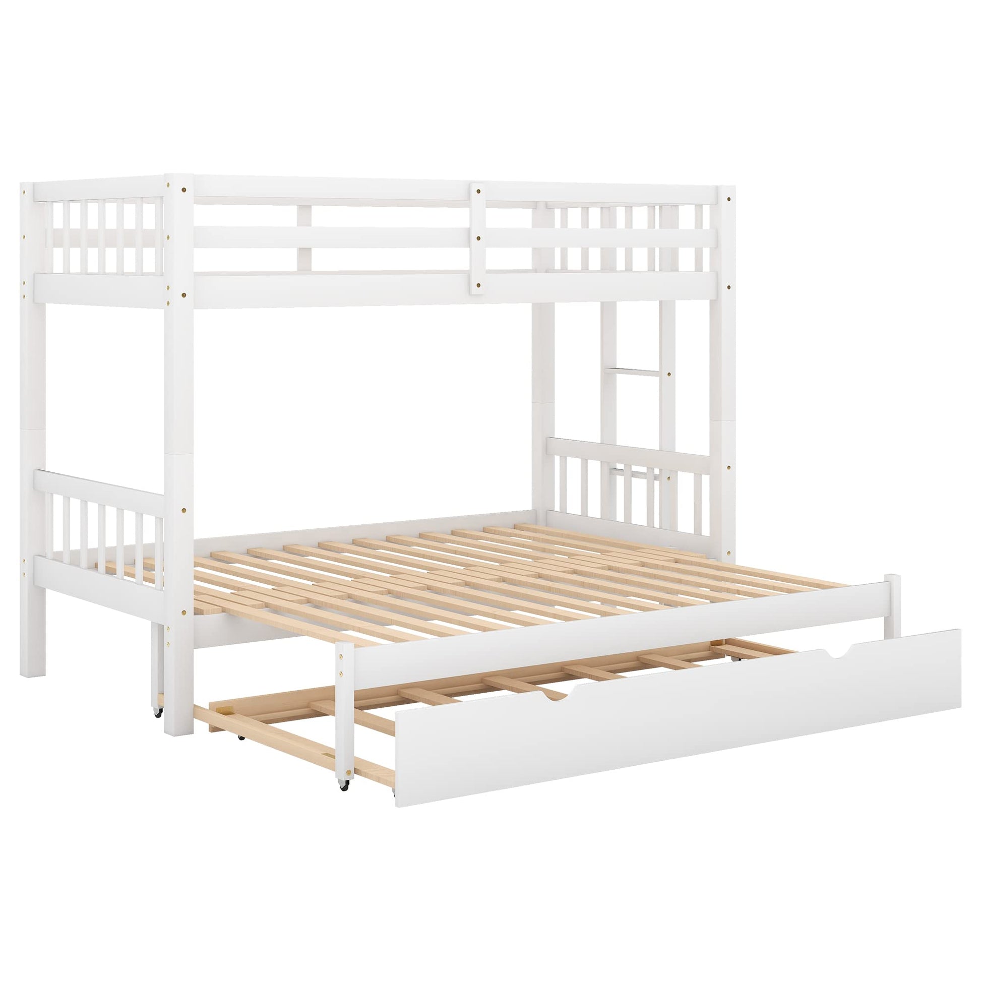 KLMM Twin Over Twin/Queen Wood Bunk Bed with Trundle and Stretchable Down Bed, Accommodate 4 People Extendable Bunk Beds with Ladder and Safety Rail (White/4-in-1) - WoodArtSupply