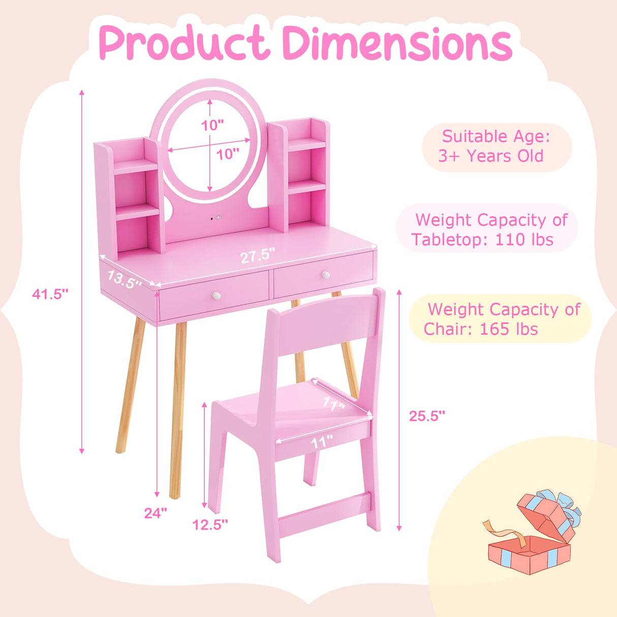 Costzon Kids Vanity, Girls Vanity Set with Mirror and Stool and Lights, Drawers, Storage Shelves, Wooden Toddler Makeup Vanity Desk Dressing Table, Pretend Play Kids Vanity Table and Chair Set (Pink) Costzon