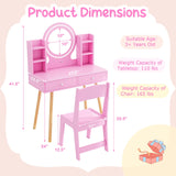 Costzon Kids Vanity, Girls Vanity Set with Mirror and Stool and Lights, Drawers, Storage Shelves, Wooden Toddler Makeup Vanity Desk Dressing Table, Pretend Play Kids Vanity Table and Chair Set (Pink) Costzon