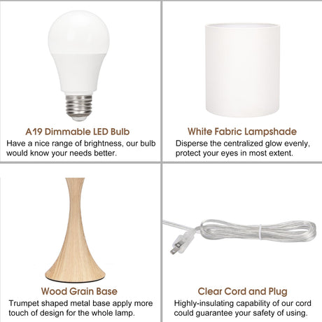 Bedside Touch Lamp, 3 Way Dimmable Touch Control Table Lamp, Wood Grain Farmhouse Table Lamp, Modern Nightstand Lamp with White Shade for Bedroom, Dorm, Office, 3000K LED Bulb Included Seaside village
