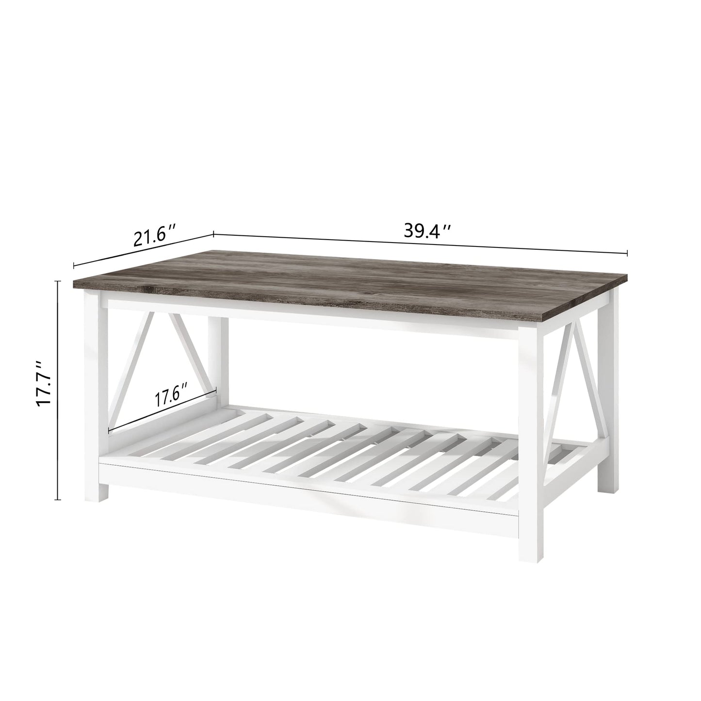 UYIHOME Farmhouse Coffee Table for Living Room, 2-Tier Rectangular Wooden Centre Cocktail Table with Slats Shelf Storage and V-Shaped Frame, Oak Grey - WoodArtSupply