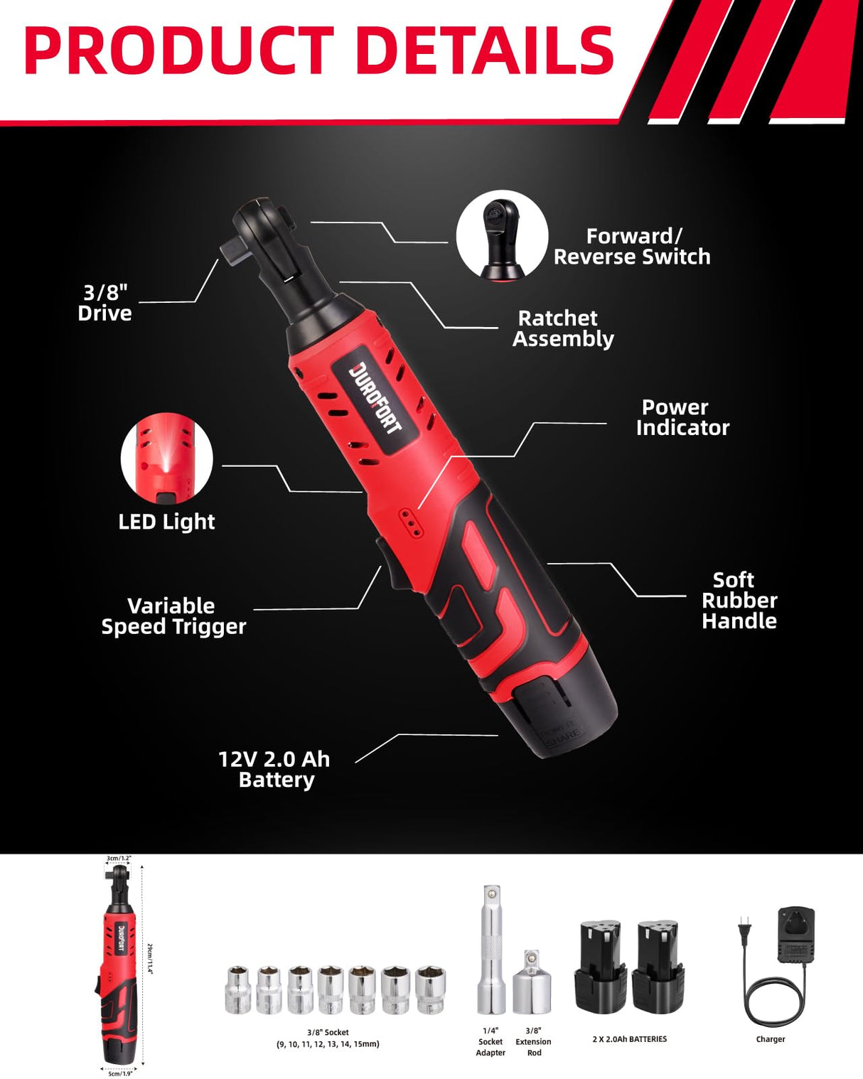 DuroFort Cordless Electric Ratchet, 12V Ratchet Wrench Tool Kit 40 FT.LBS, with LED Light, 500RPM Variable Speed Wrench, 2-Pack 2.0Ah Battery, 7 Sockets, 1/4" Socket Adapter, 3/8" Extension Rod DuroFort