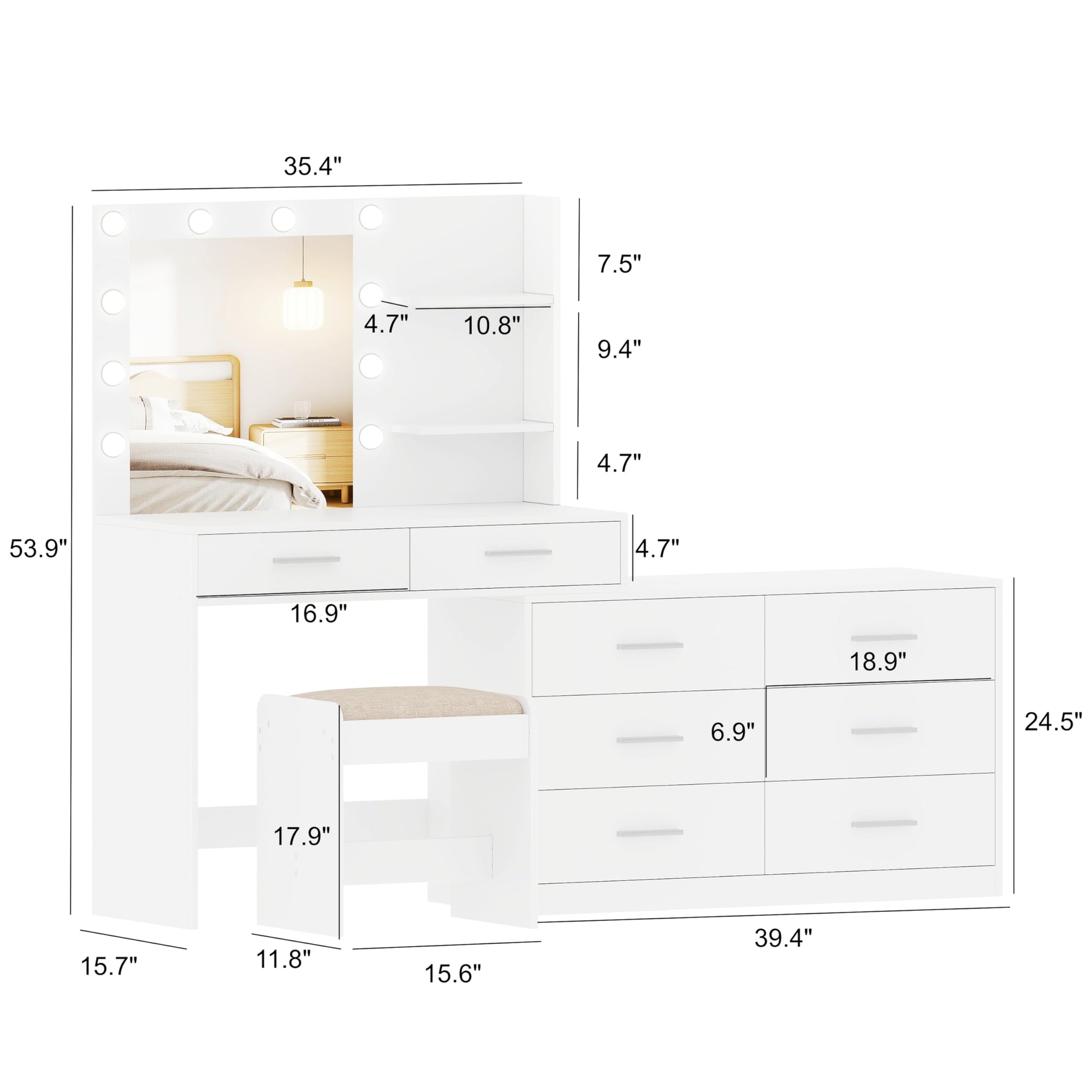 Rovaurx 65" W Makeup Vanity Set with Mirror and 3-Color Lights, Large Vanity Table with 8 Drawers & Side Storage Shelf, Adjustable Width, Bedroom Dressing Table with Stool, for Women, White R - WoodArtSupply