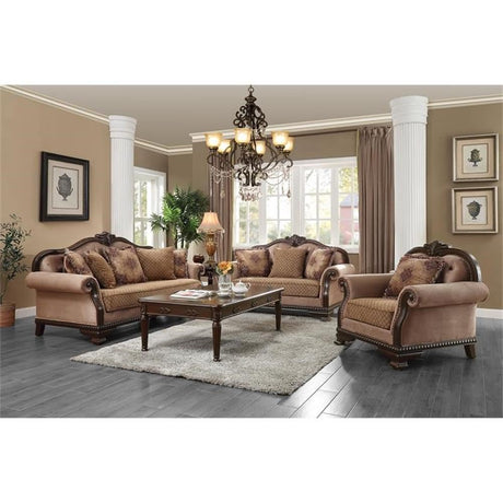 Acme Chateau De Ville Fabric Loveseat with 3 Pillows in Beige and Espresso Acme