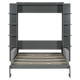 Murphy Bed Cabinet Queen Size with Sofa, Queen Murphy Bed with Couch, Adult Wall Murphy Queen Size Bed Frame with Storage Shelves and LED Lights, Grey Merax