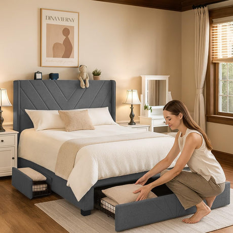COMHOMA Queen Bed Frame with Headboard and USB & Type-C Charging Ports,Storage Drawers,Modern Upholstered Platform Frames with Padded Headboard, Heavy Duty Structure,No Box Spring Needed,Dark Grey COMHOMA