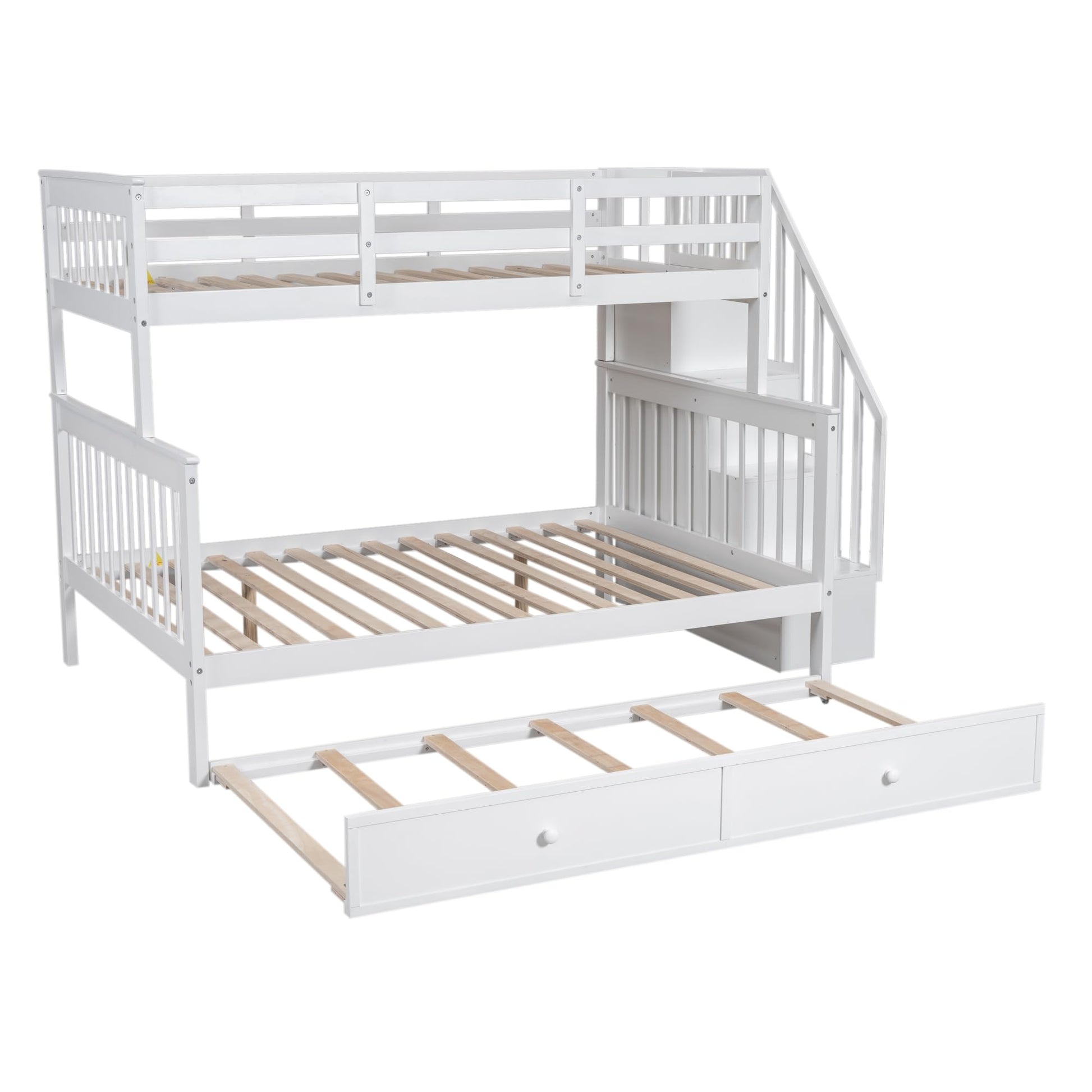 Stairway Twin Over Full Bunk Bed with Trundle and Storage Shelves in White by Harper & Bright Designs - WoodArtSupply