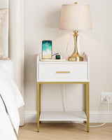 AEPOALUA Nightstand with Charging Station,Bedside Table with Drawer and 2 Shelf Storage, Small Side Table, Modern White Night Stand, Tall End Table for Bedroom, Living Room (White-Gold Legs) AEPOALUA