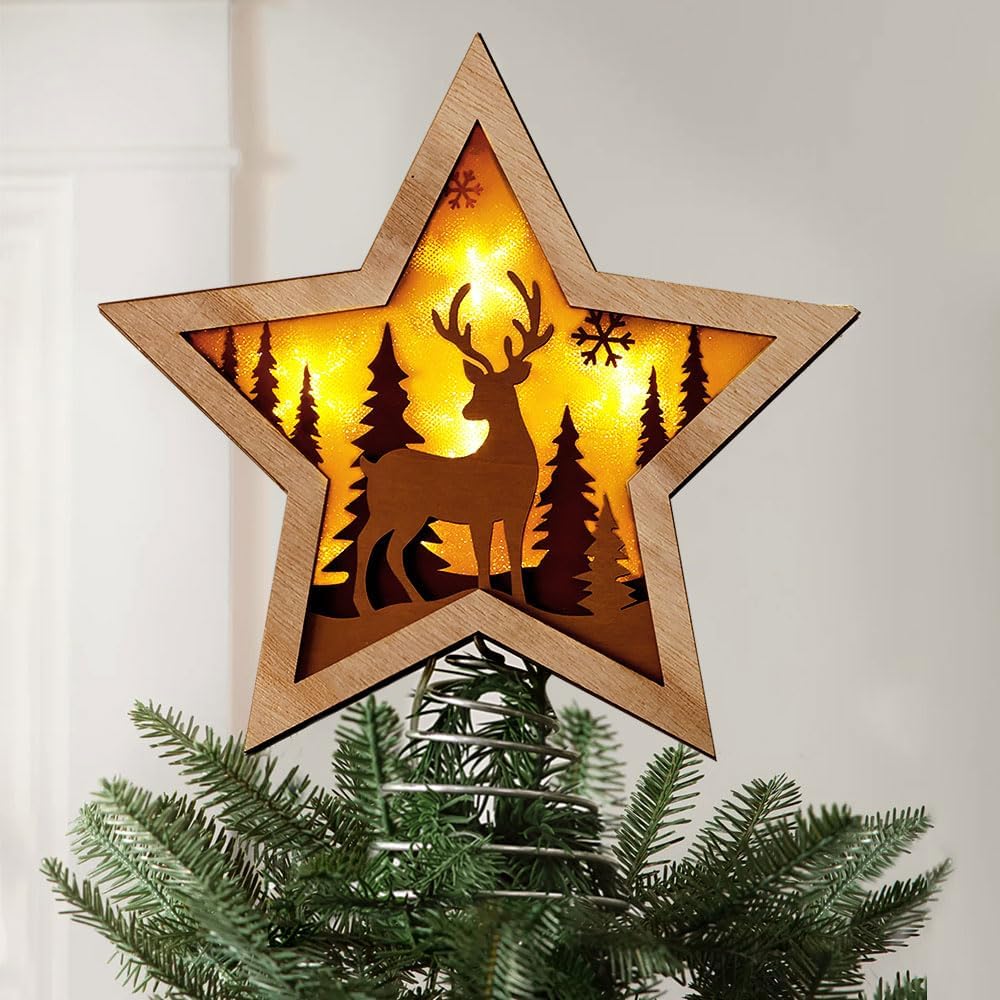 Treory Christmas Star Tree Topper, Rustic Reindeer Wooden Tree Toppers with Warm Lights, Battery Operated LED Christmas Tree Decorations, Christmas Tree Topper Star Lighted for Indoor Home Display