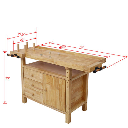 Wood Workbench - 49.5" Heavy Duty Hardwood Workbench Wooden Workbench with 3-Drawers & Cabinet | 330Lbs Weight Capacity Wood Work Bench Table for Woodworking Mechanics Home Garage, Natural Wo - WoodArtSupply