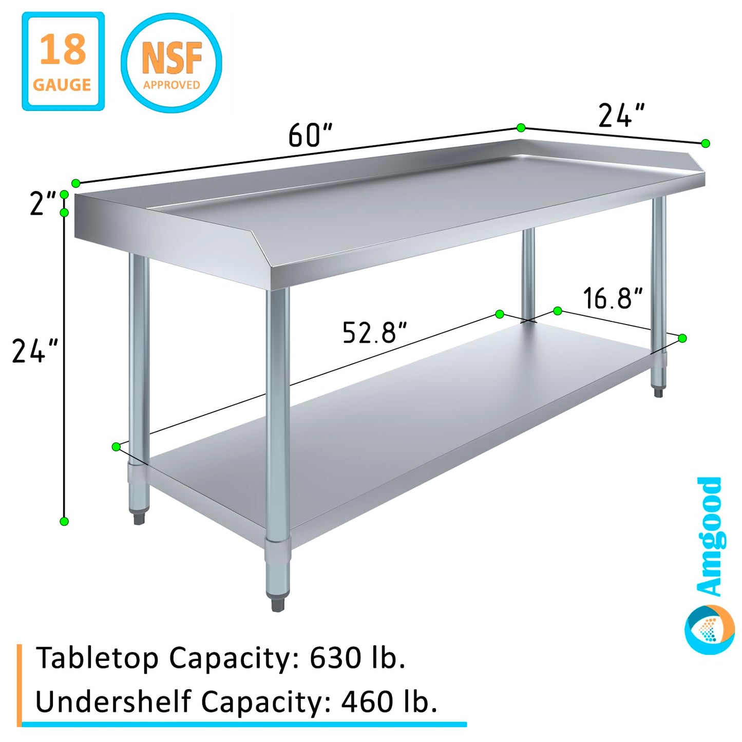 AmGood Stainless Steel Equipment Stand - Heavy Duty, Commercial Grade, with Undershelf, NSF Certified (24" Width x 60" Length) - WoodArtSupply