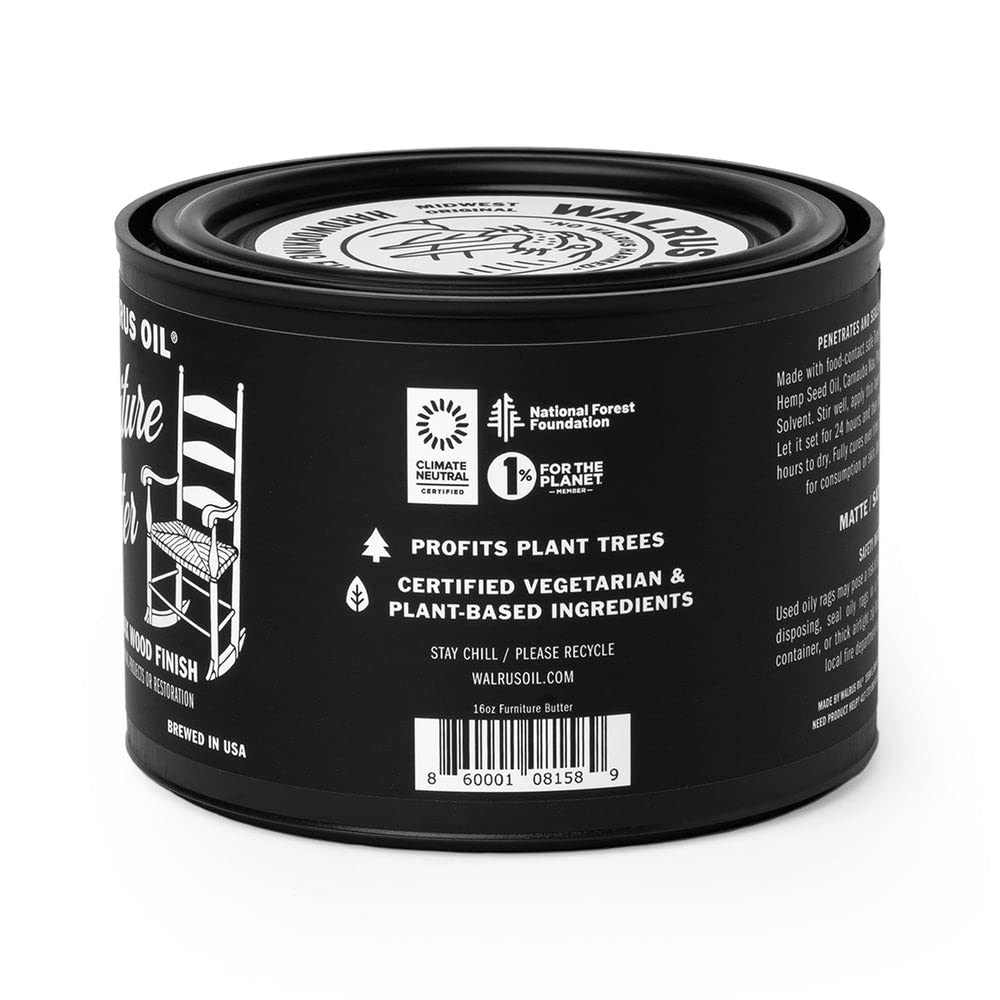 WALRUS OIL - Furniture Butter, Paste Wax Finish. Tung Oil, Carnauba Wax, and Pine Rosin Wood Sealer. Naturally VOC-Free, Matte to Satin Finish, 16oz Walrus Oil