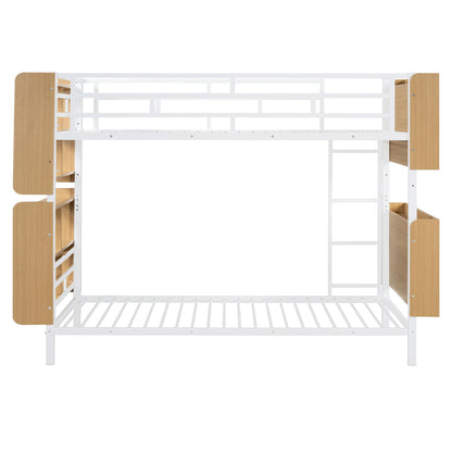 Harper & Bright Designs Twin Over Twin Bunk Bed with Storage, Metal Bunk Bed Frame with Bookshelves and Full-Length Guardrail, for Kids Teens Adults - White