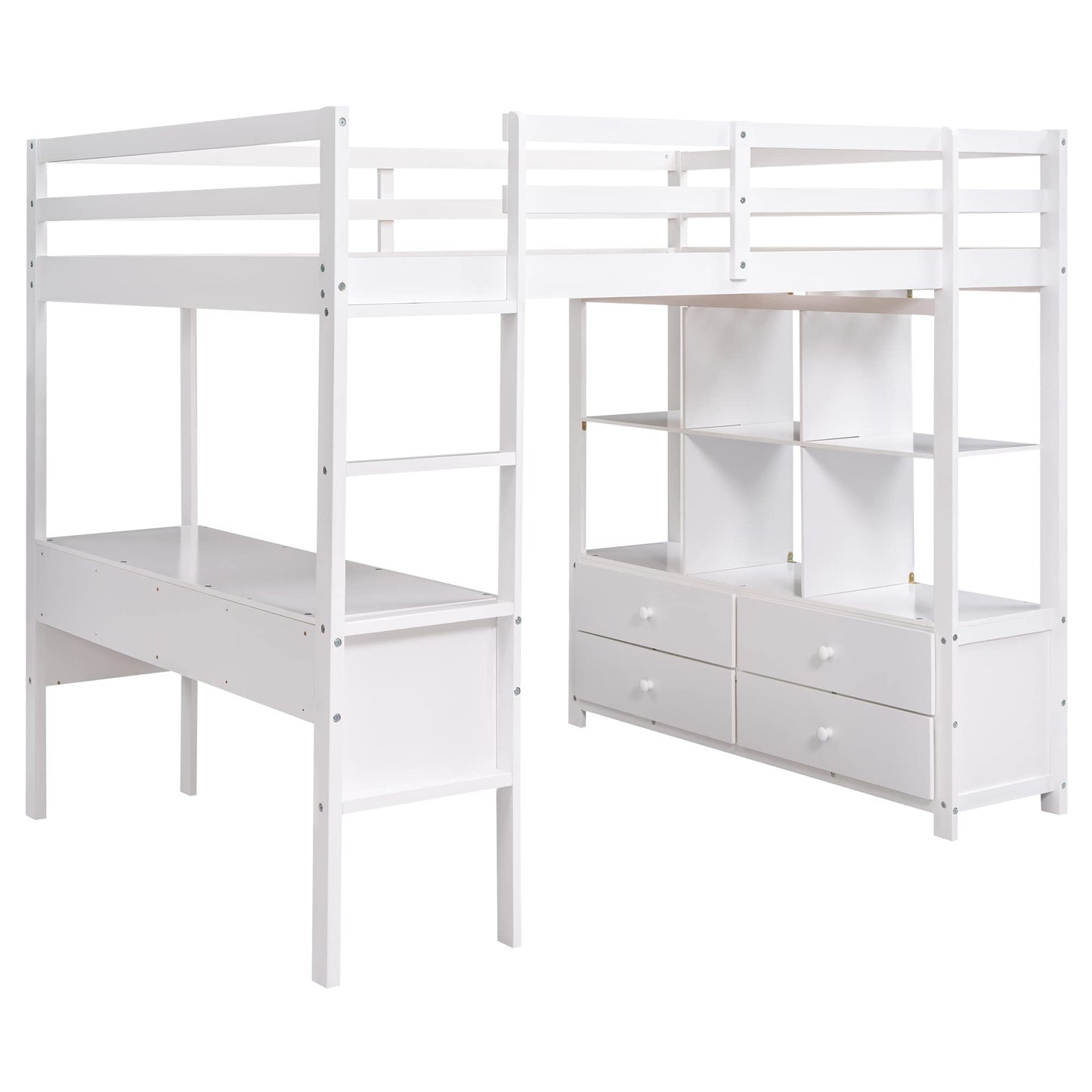 Harper & Bright Designs White Full Loft Bed with Desk and Storage Cabinet, Wood Full Size Loft Beds Frame with Bookcase and Shelves, Modern Full Loft Bed for Kids Teens Adults Boys Girls