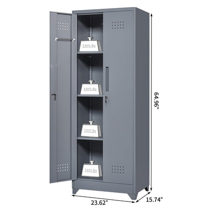 STEELIST Metal Storage Cabinet with Locking Doors, Steel Broom Storage Cabinet with Hanging Rod, 65" Cleaning Storage Cabinet with 4 Shelves, Broom Tool Storage Cabinet for Office, Garage - WoodArtSupply