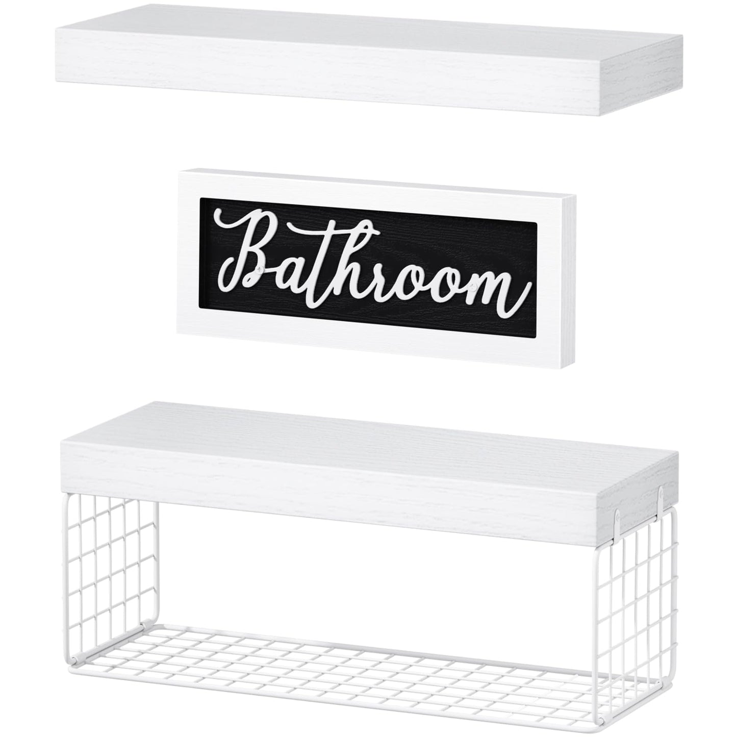 QEEIG ‎Bathroom Shelves Over Toilet Paper Storage Wall Mounted Farmhouse Decor Decorations Aesthetic Décor Sign Small Floating Wall Shelf 2+1 Set 16 inch, White (020WW)