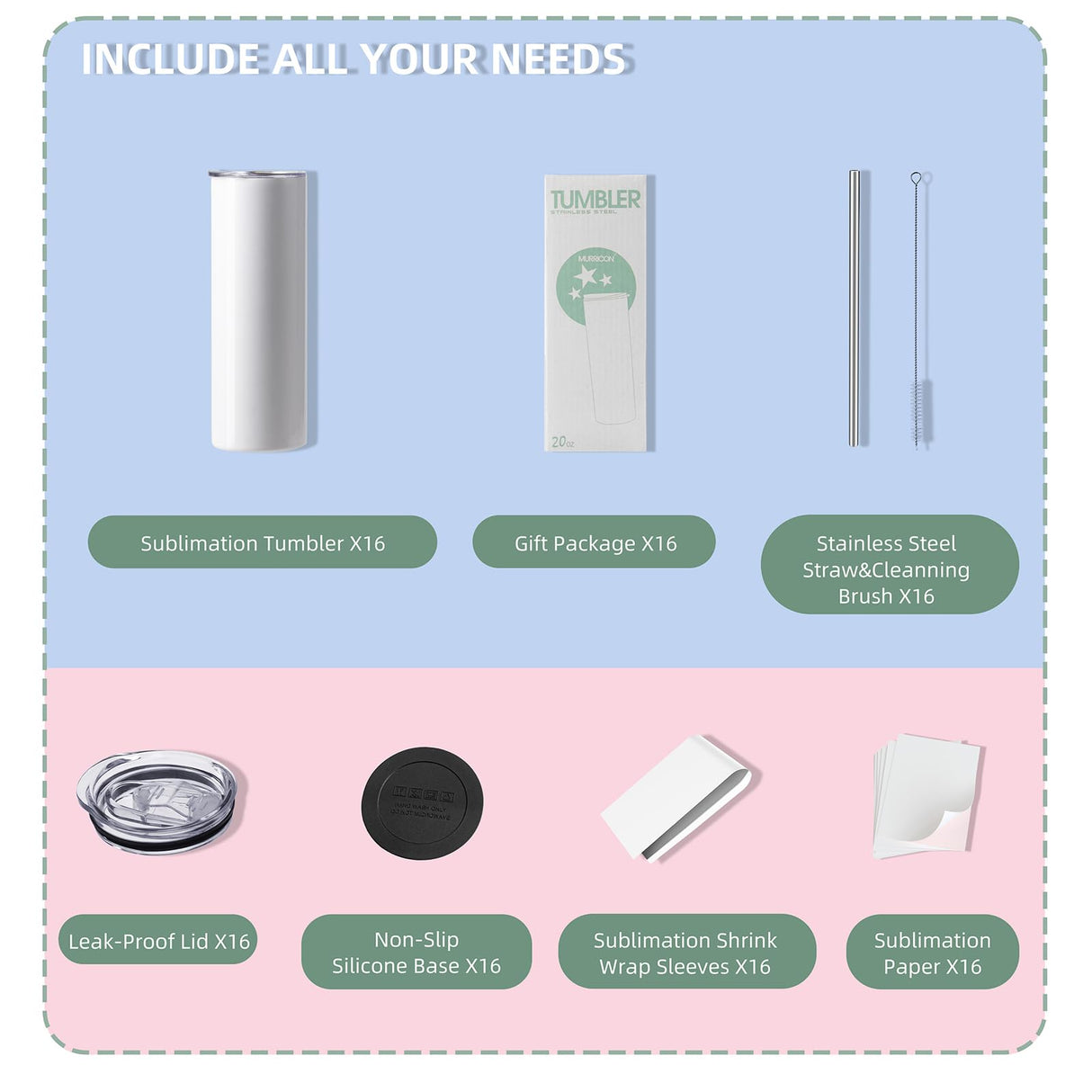 MURRICON 16 Pack Sublimation Tumblers 20 oz Skinny,Stainless Steel Insulated Sublimation Blanks Tumbler with Lid,Straw,Sublimation Paper,Individually Boxed,Shrink Wrap and Rubber Bottom MURRICON