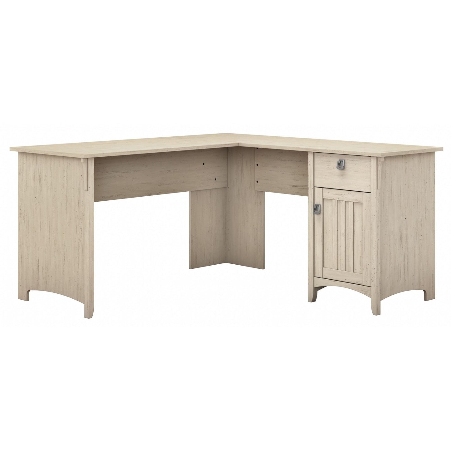 Bush Furniture Salinas L Shaped Desk with Storage in Antique White | Modern Farmhouse Corner Table with Drawers and Cabinets for Home Office