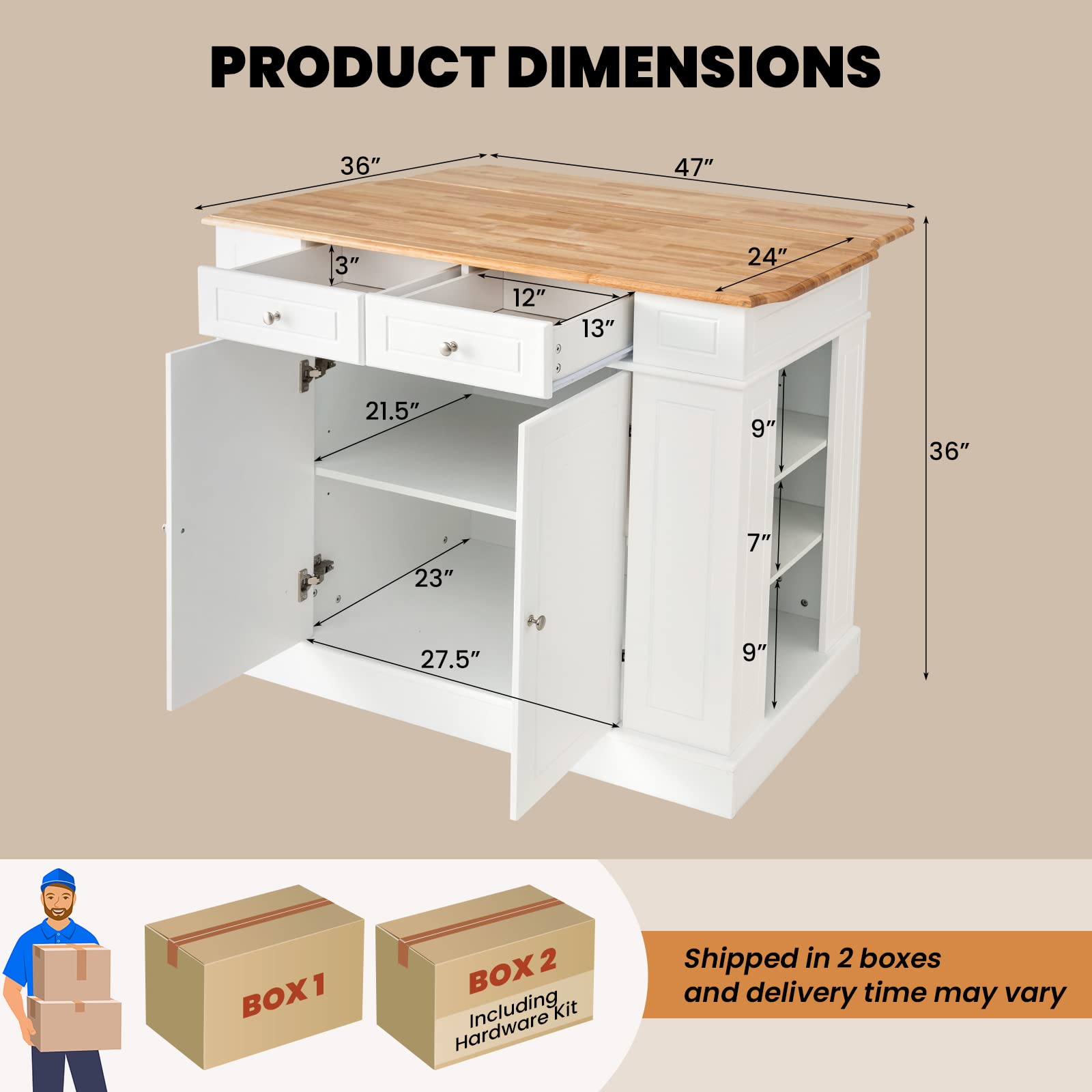 LOKO White Kitchen Island with Drop Leaf, Storage Cabinet, Adjustable Shelves & Drawers - WoodArtSupply