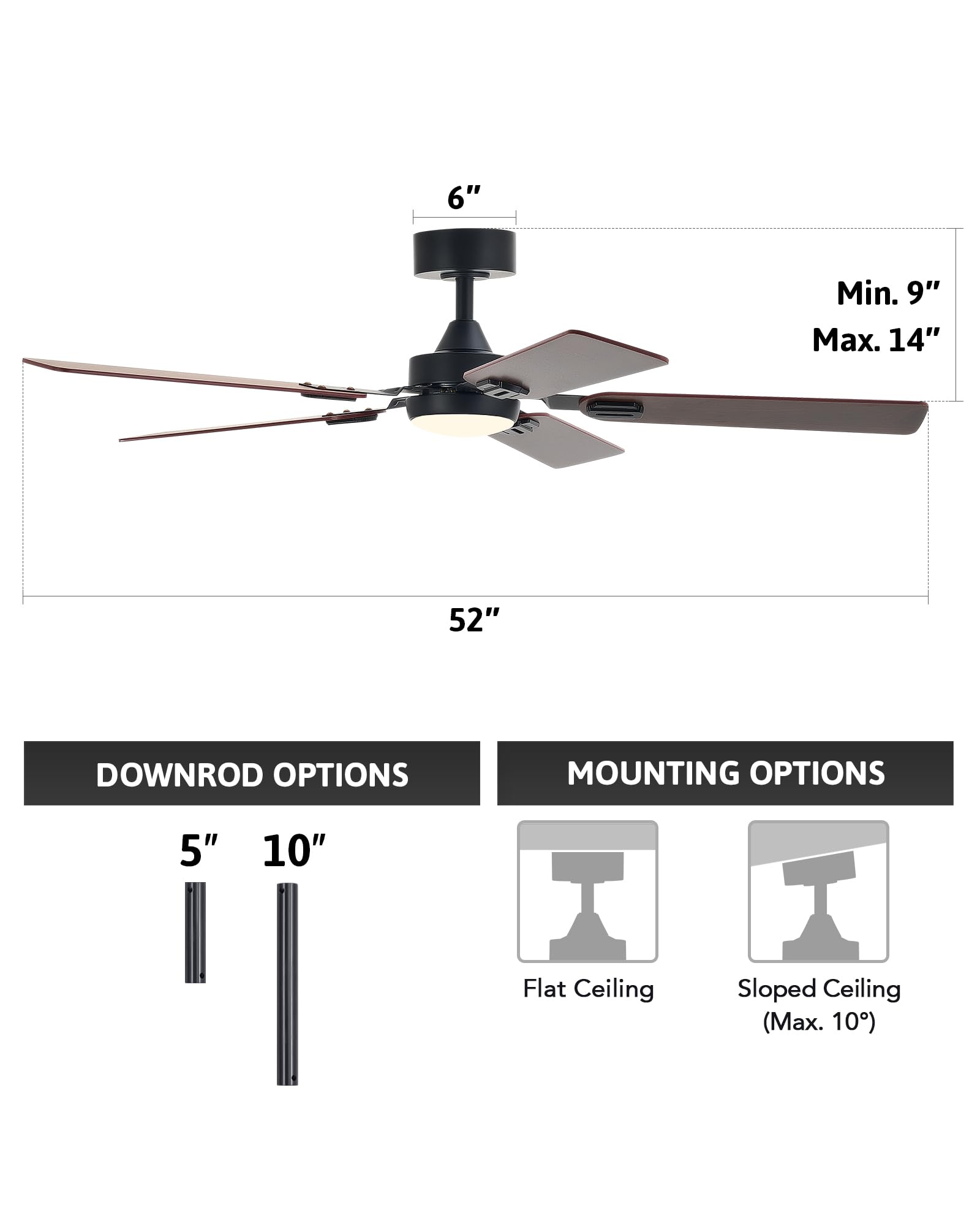 VONLUCE Ceiling Fans with Lights and Remote, 52" Ceiling Fan with 5 Blades, 6-Speeds Noiseless Reversible DC Motor for Farmhouse Bedroom Indoor, Walnut - WoodArtSupply