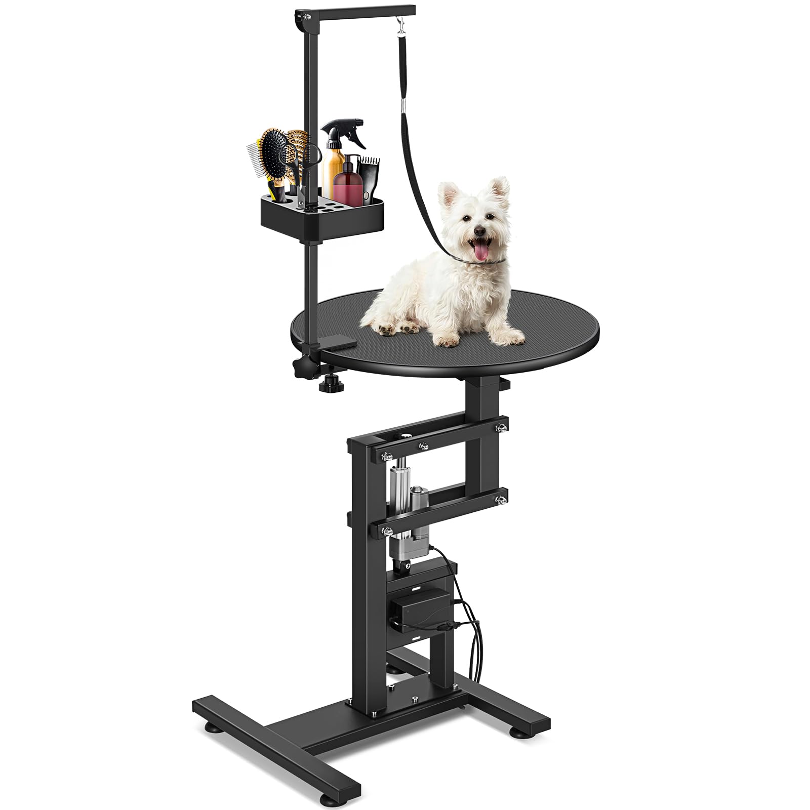 PullaFun 24" Electric Dog Grooming Table, Adjustable Overhead Arm Dog Grooming Table, Rotating Desktop Pet Grooming Table, Suitable for Household Dogs, Non-Slip Table, Black - WoodArtSupply