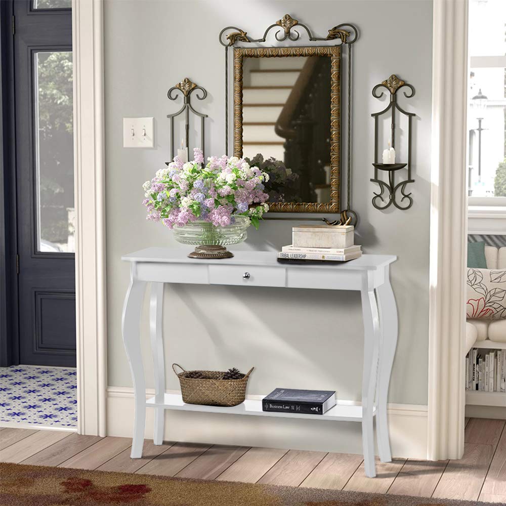 ChooChoo Narrow Console Table with Drawer, Chic Accent Sofa Table, Entryway Table, White ChooChoo