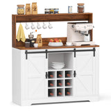 SYESWAY 47" Farmhouse Coffee Bar Cabinet with Sliding Barn Doors, Wine Rack & Hooks in White SYESWAY