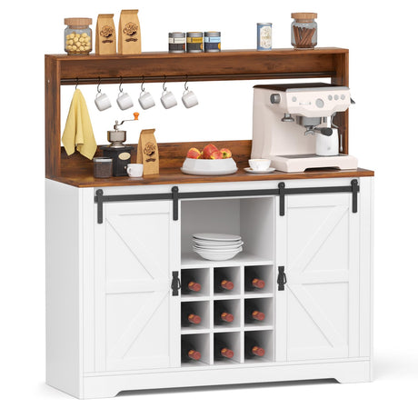 SYESWAY 47" Farmhouse Coffee Bar Cabinet with Sliding Barn Doors, Wine Rack & Hooks in White SYESWAY