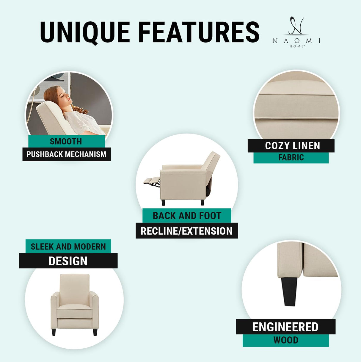 Home Theater Seating Push Back Recliner Chairs, Reclining Chair, Small Recliners for Small Spaces with Adjustable Footrest, Relaxing Sofa Recliners – Linen, Cream Naomi Home