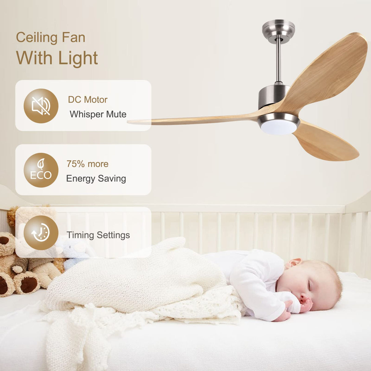 Ovlaim 52 Inch Solid Wood Ceiling Fans with Lights Remote Control, 6 Speed Quiet DC Motor 3 Blade Propeller Smart Ceiling Fan, Indoor Living Room Bedroom Ovlaim