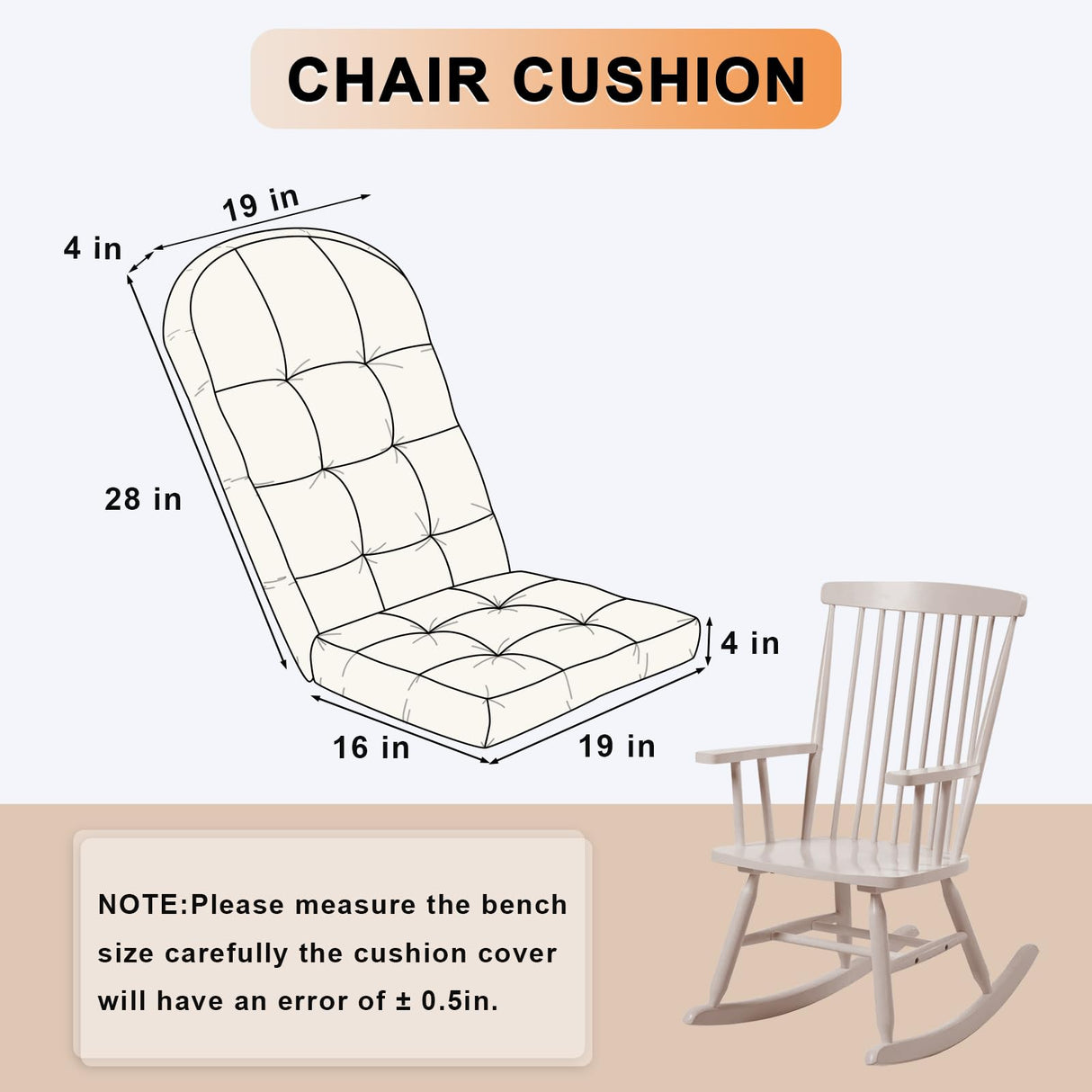 ROFIEJOX Rocking Chair Cushion - Chenille Fabric, High-Density Sponge, Durable Comfort Non-Slip Bottom Tufted Seat Pads with Ties, Chenille︱Oyster White, 44x19x4 inch ROFIEJOX
