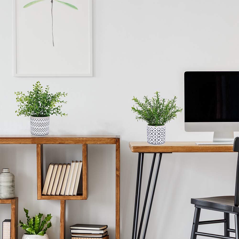 Winlyn 2 Pack Small Potted Eucalyptus Plant Artificial Plants Green Boxwood Rosemary Greenery in Modern Concrete Plant Pots Winlyn