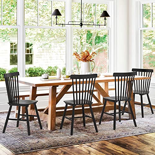 LUE BONA Windsor Dining Chair Set of 4, Spindle Back Wooden Chairs for Kitchen and Dining Room, Black - WoodArtSupply