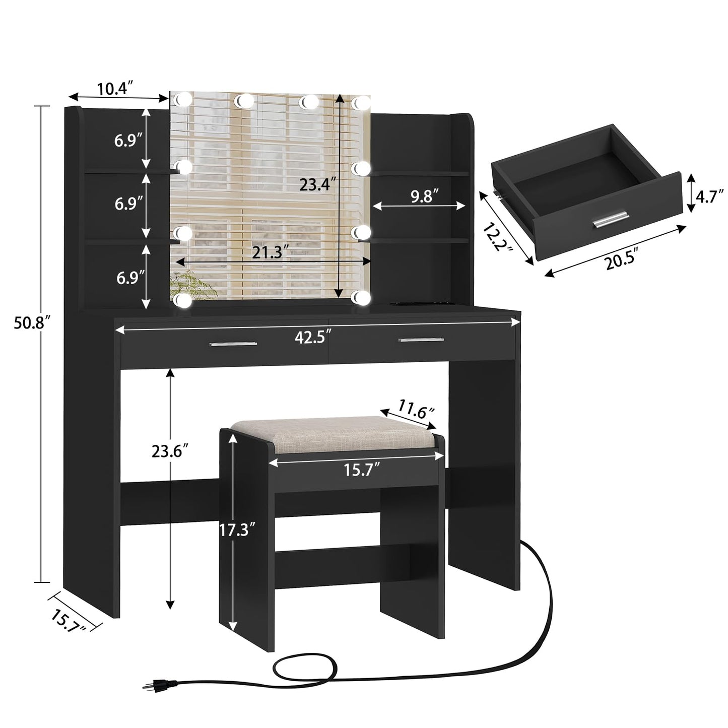 FIONESO Vanity Desk, Makeup Vanity Desk with Mirror & Lights, Vanity Desk with 2 Drawers & 6 Storage Shelves, Dressing Table with Power Outlet, for Women Girls, Bedroom, Black