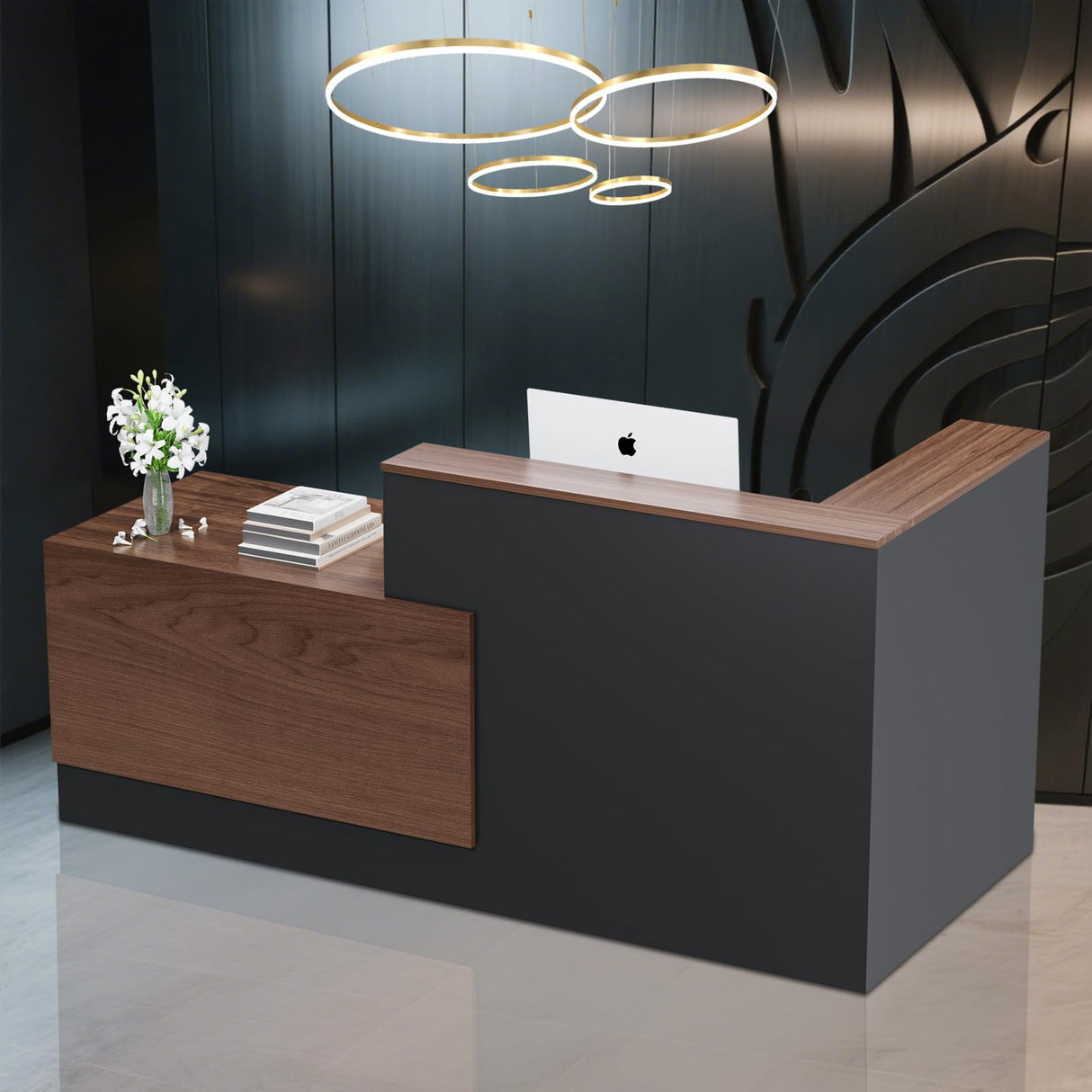 L-Shaped Large Wooden Reception Desk, Modern Front Desk Reception Counter with Lockable Drawers & Storage & Keyboard Tray, for Checkout, Lobby (Right-Walnut/Black, 87''L x 42''W x 41''H) Yorkgargen