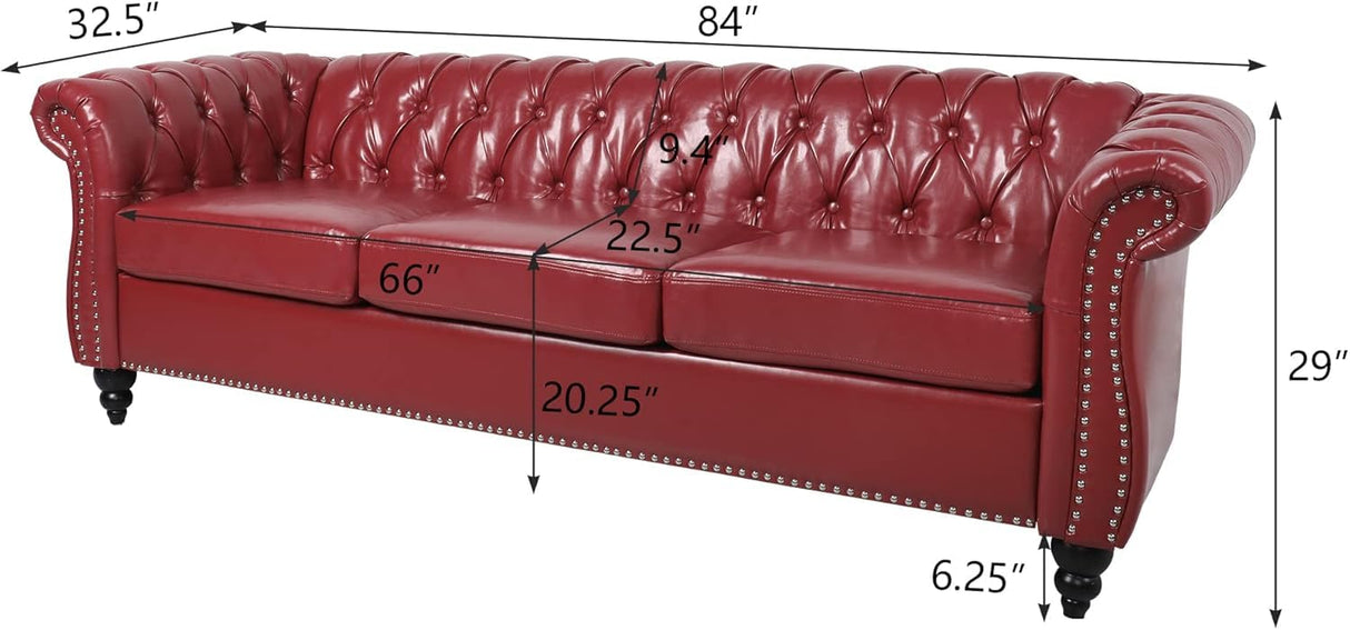 RUSTYER Chesterfield 3 Seater Sofa, Modern Leather Tufted Couch 3 Seater with Rolled Arms and Nailhead Mid-Century Upholstered Couch for Living Room, Bedroom, Apartment and Office, Claret RUSTYER