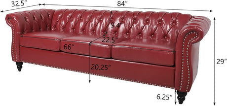 RUSTYER Chesterfield 3 Seater Sofa, Modern Leather Tufted Couch 3 Seater with Rolled Arms and Nailhead Mid-Century Upholstered Couch for Living Room, Bedroom, Apartment and Office, Claret RUSTYER