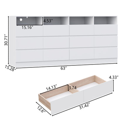 Loomie 12 Drawer White Dresser with Charging Station & Led Lights for Bedroom, Long 63" Quadruple Wide Dresser TV Stand for TVs up to 75", Large Dressers Organizer with 4 Open Cubbies for Living Room