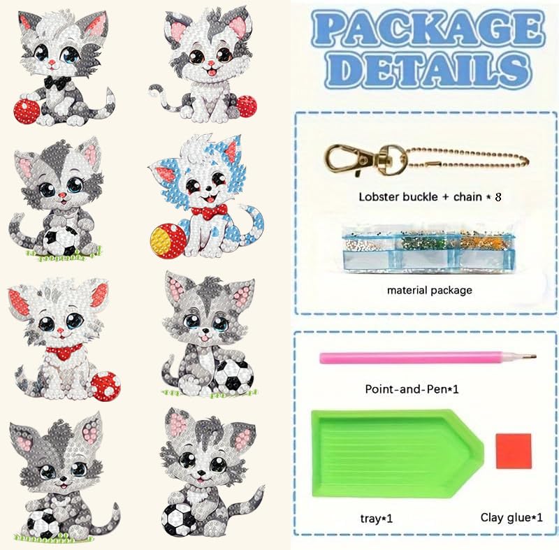 Masendp 8 Pieces Diamond Painting Keychain Animal Style Diamond Art Jewelry Double Sided 5D Diamond Painting Kit for Beginners Adult DIY Art Craft Gifts Home Decor (Football & Cat) Masendp