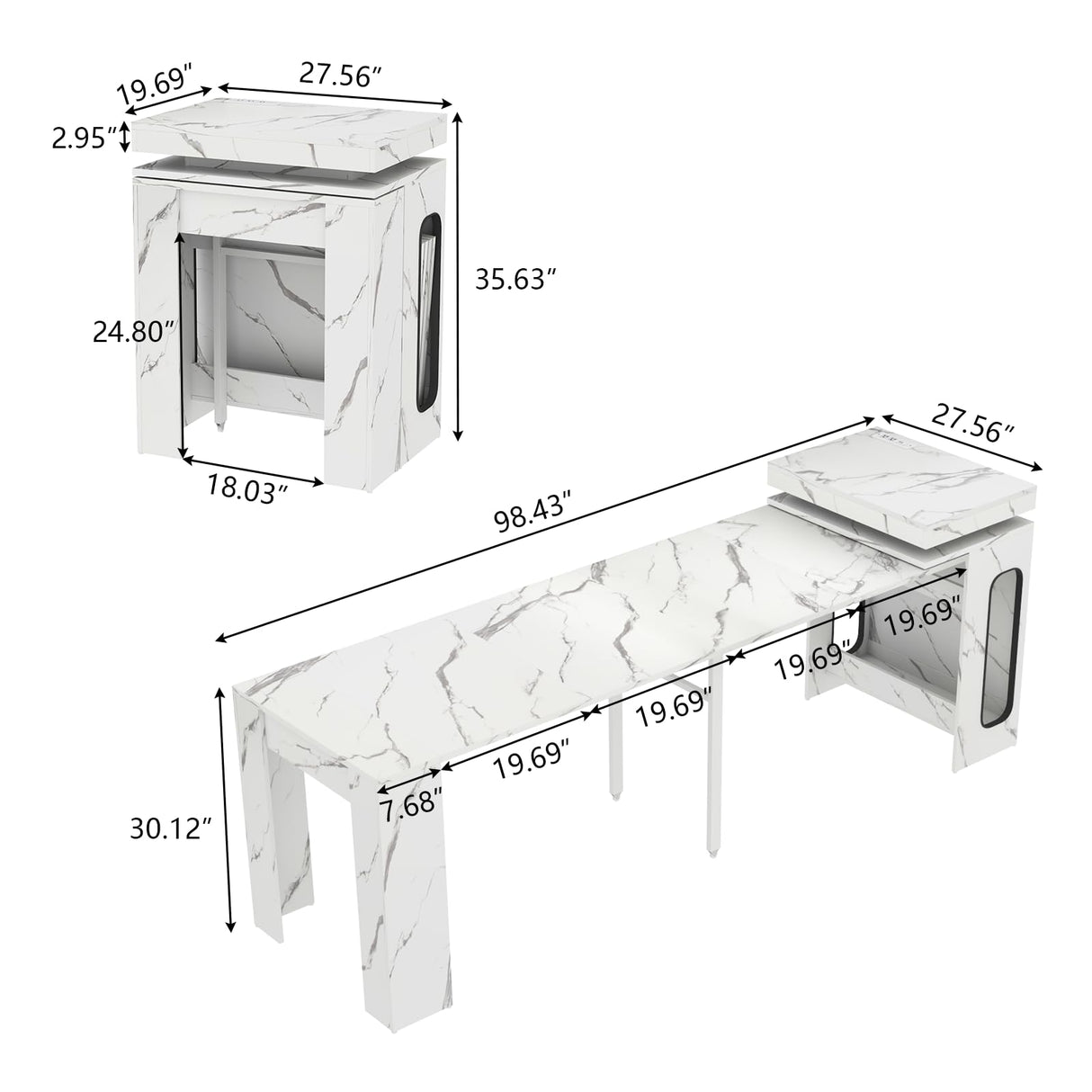 Extendable Dining Table with Charging Station & LED Lights, 19.7" to 98.4" White Faux Marble Dining Table, Rectangle Console Table for 2-8, Modern Space Saving Kitchen Island Table (No Chairs) Gyfimoie