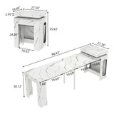 Extendable Dining Table with Charging Station & LED Lights, 19.7" to 98.4" White Faux Marble Dining Table, Rectangle Console Table for 2-8, Modern Space Saving Kitchen Island Table (No Chairs) Gyfimoie