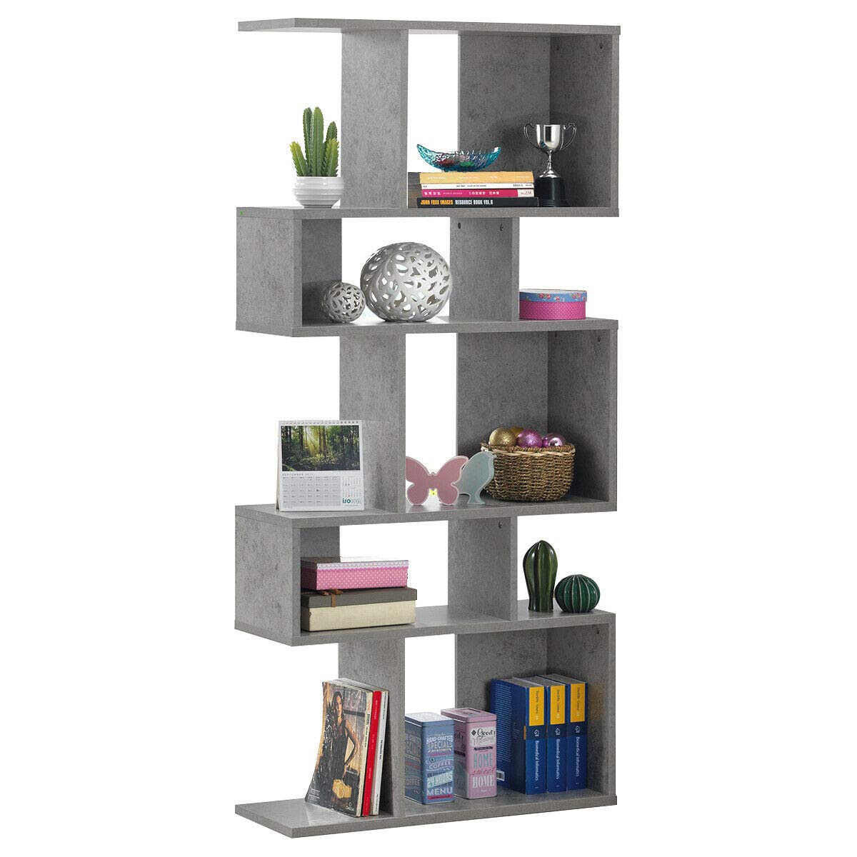 Giantex 5-Tier Modern Geometric Bookshelf – 70" Tall Freestanding S-Shaped Bookcase in Gray Giantex