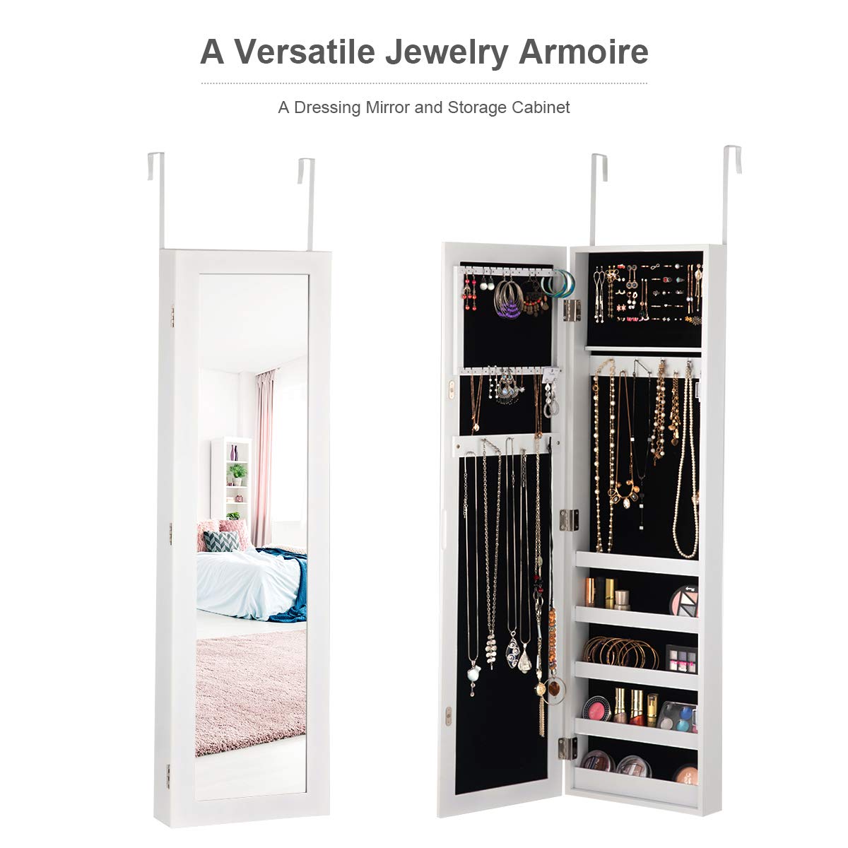 Giantex Jewelry Cabinet Armoire Door Wall Mounted, Full Length Mirror and 5 Storage Shelves for Display Bracelets Rings Cosmetics Hanging Organizer, Mirrored Storage Jewelry Cabinets Giantex